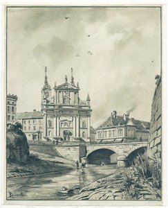 Ljubljanica，法郎桥梁和方济会教会看法在卢布尔雅那 作者 拉迪斯拉夫·贝内施